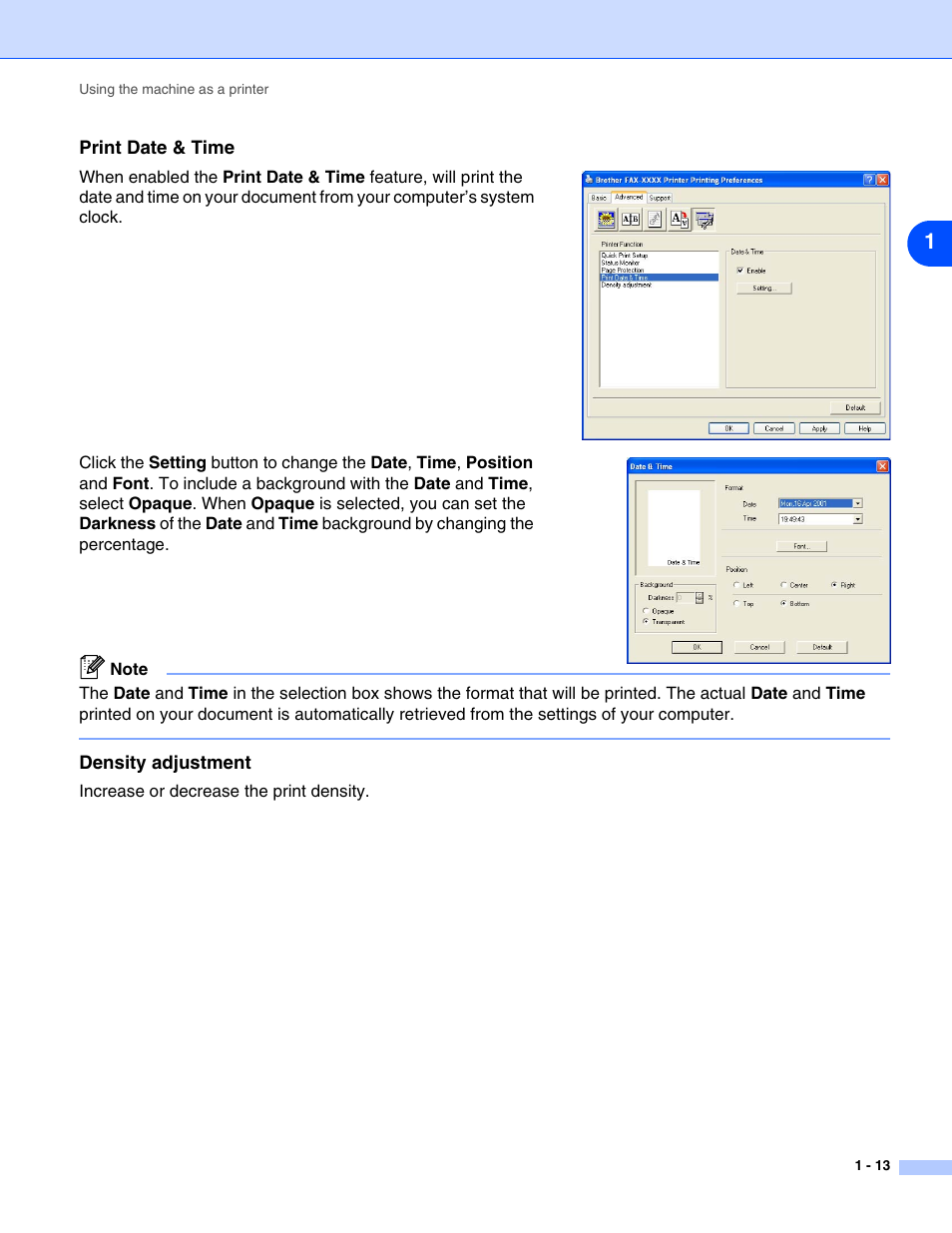 Print date & time, Density adjustment | Brother IntelliFax-2820 User Manual | Page 16 / 38