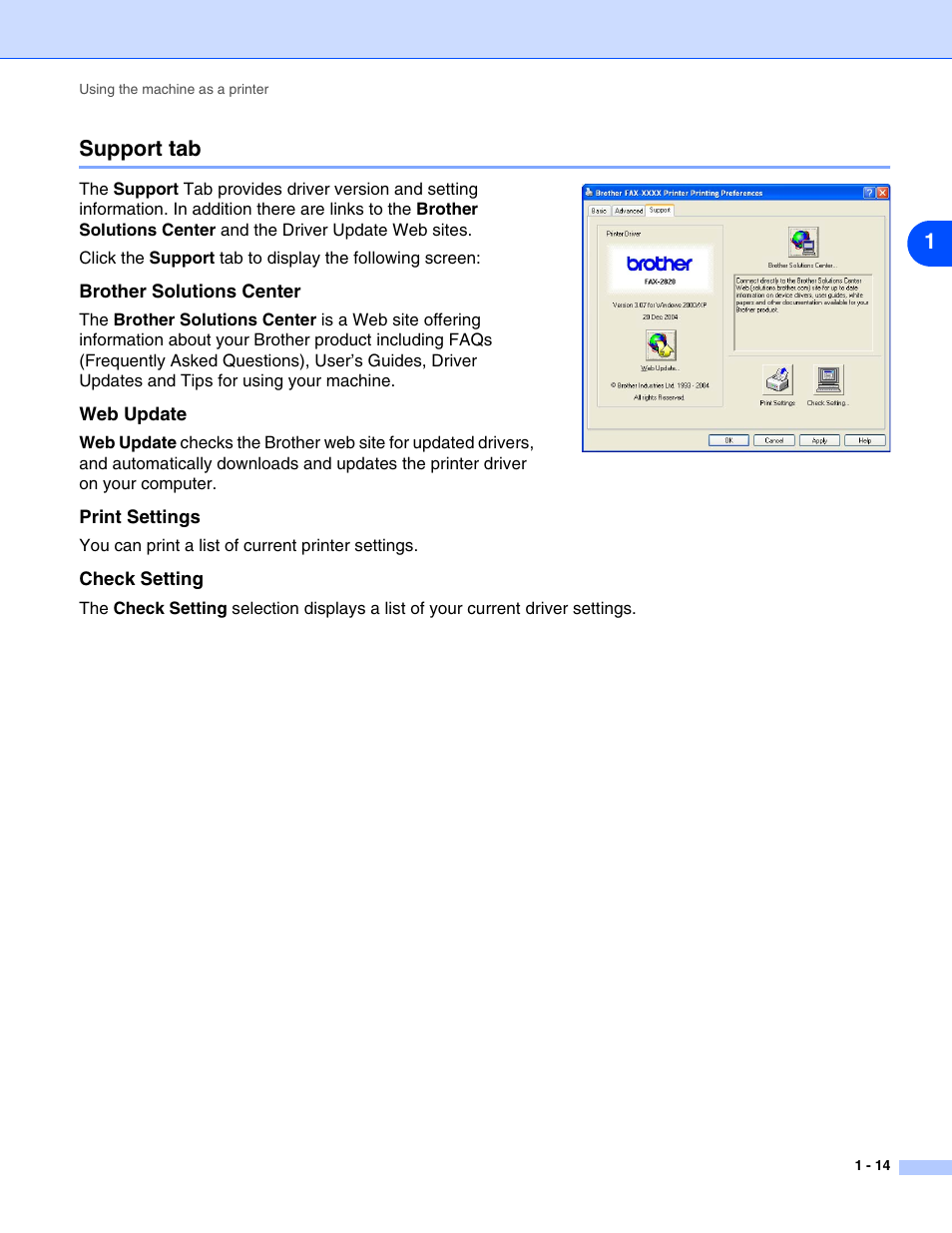Support tab, Brother solutions center, Web update | Print settings, Check setting, Support tab -14, 1support tab | Brother IntelliFax-2820 User Manual | Page 17 / 38