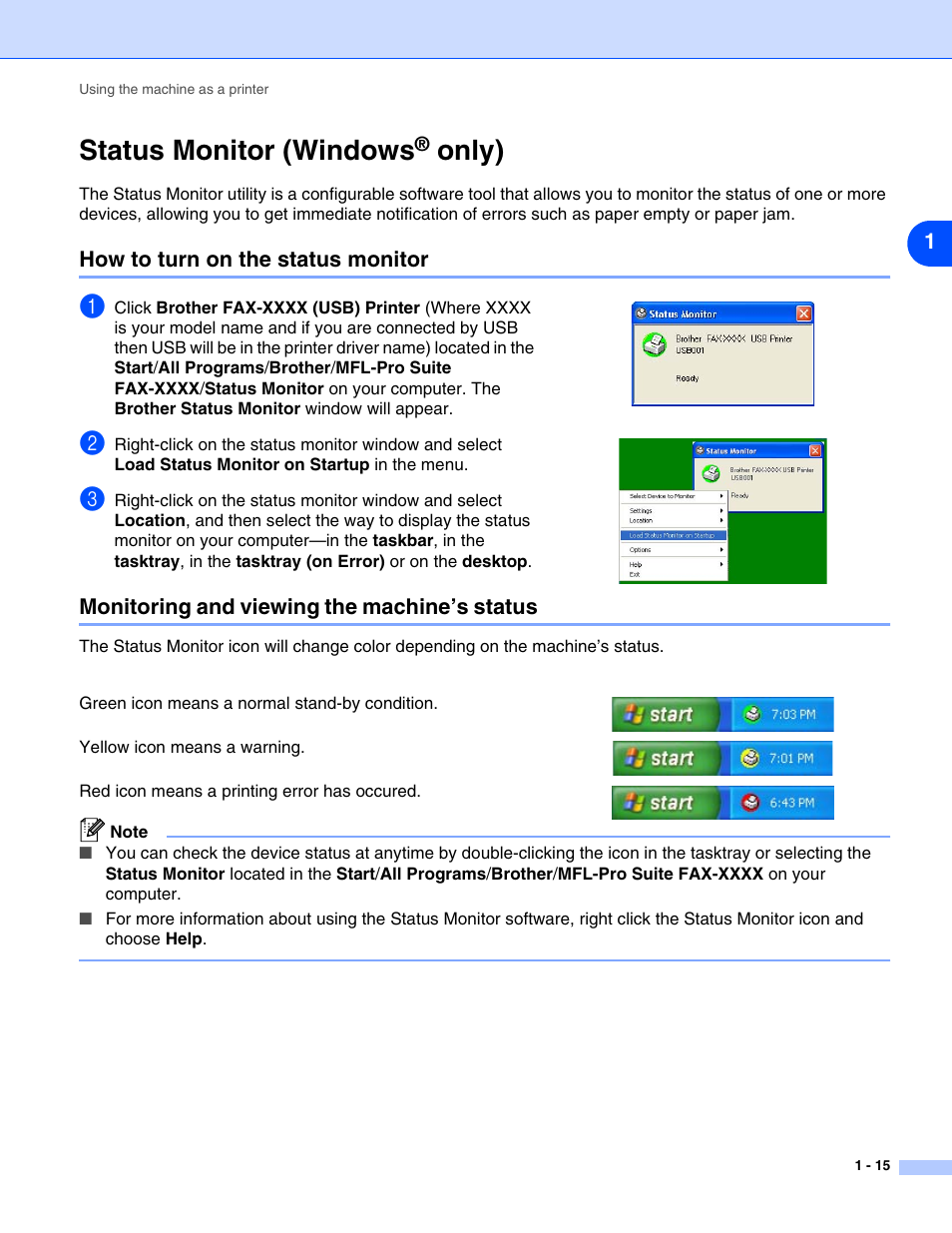 Status monitor (windows® only), How to turn on the status monitor, Monitoring and viewing the machine’s status | Status monitor (windows, Only) | Brother IntelliFax-2820 User Manual | Page 18 / 38