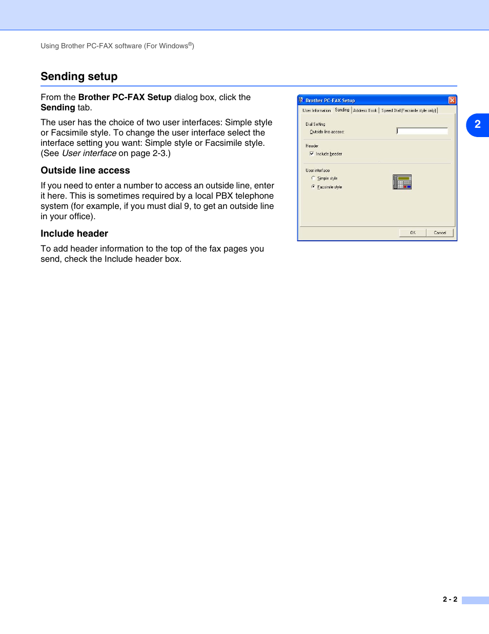 Sending setup, Outside line access, Include header | Sending setup -2, 2sending setup | Brother IntelliFax-2820 User Manual | Page 20 / 38