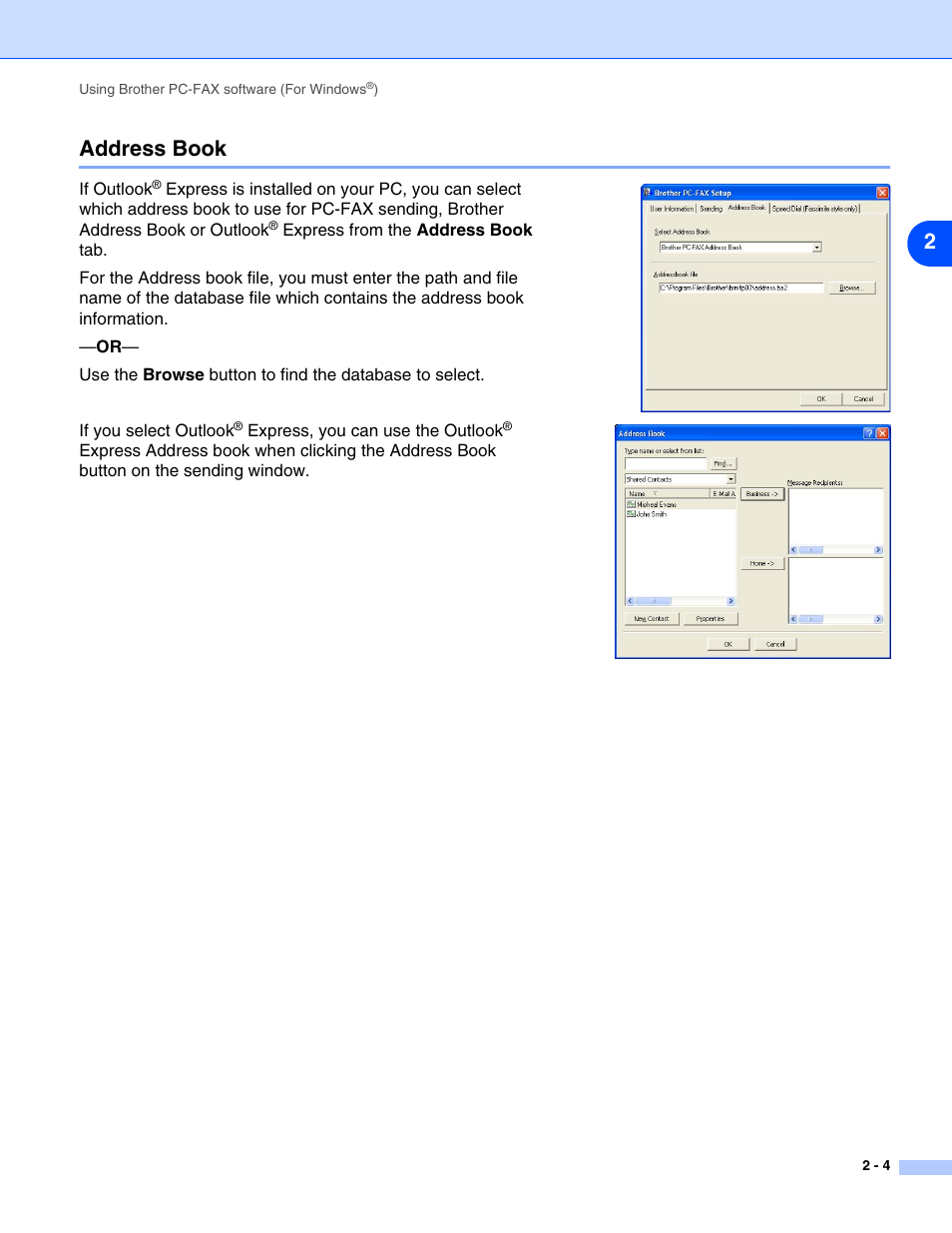 Address book, Address book -4, 2address book | Brother IntelliFax-2820 User Manual | Page 22 / 38