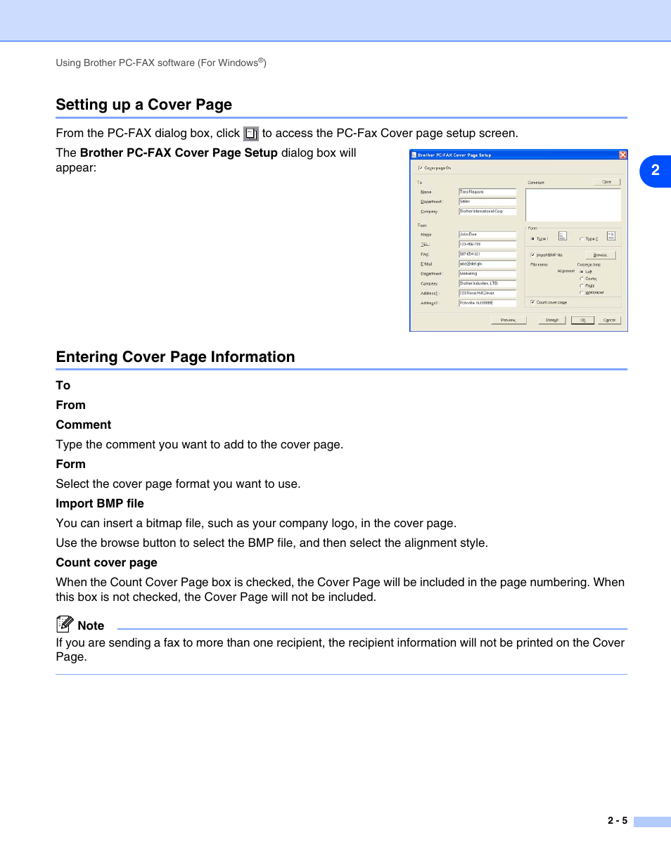 2setting up a cover page, Entering cover page information | Brother IntelliFax-2820 User Manual | Page 23 / 38