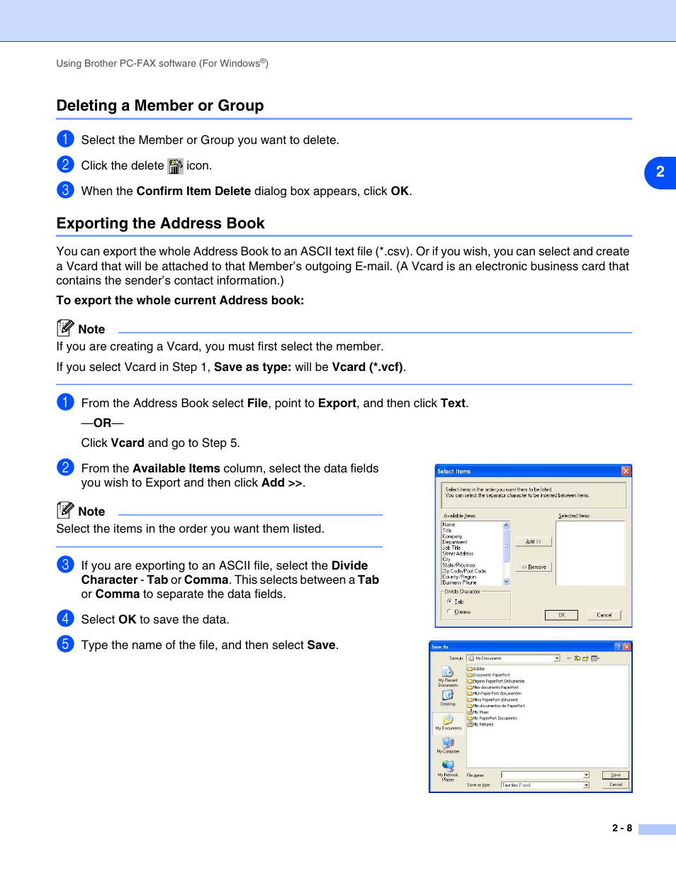 Deleting a member or group, Exporting the address book | Brother IntelliFax-2820 User Manual | Page 26 / 38