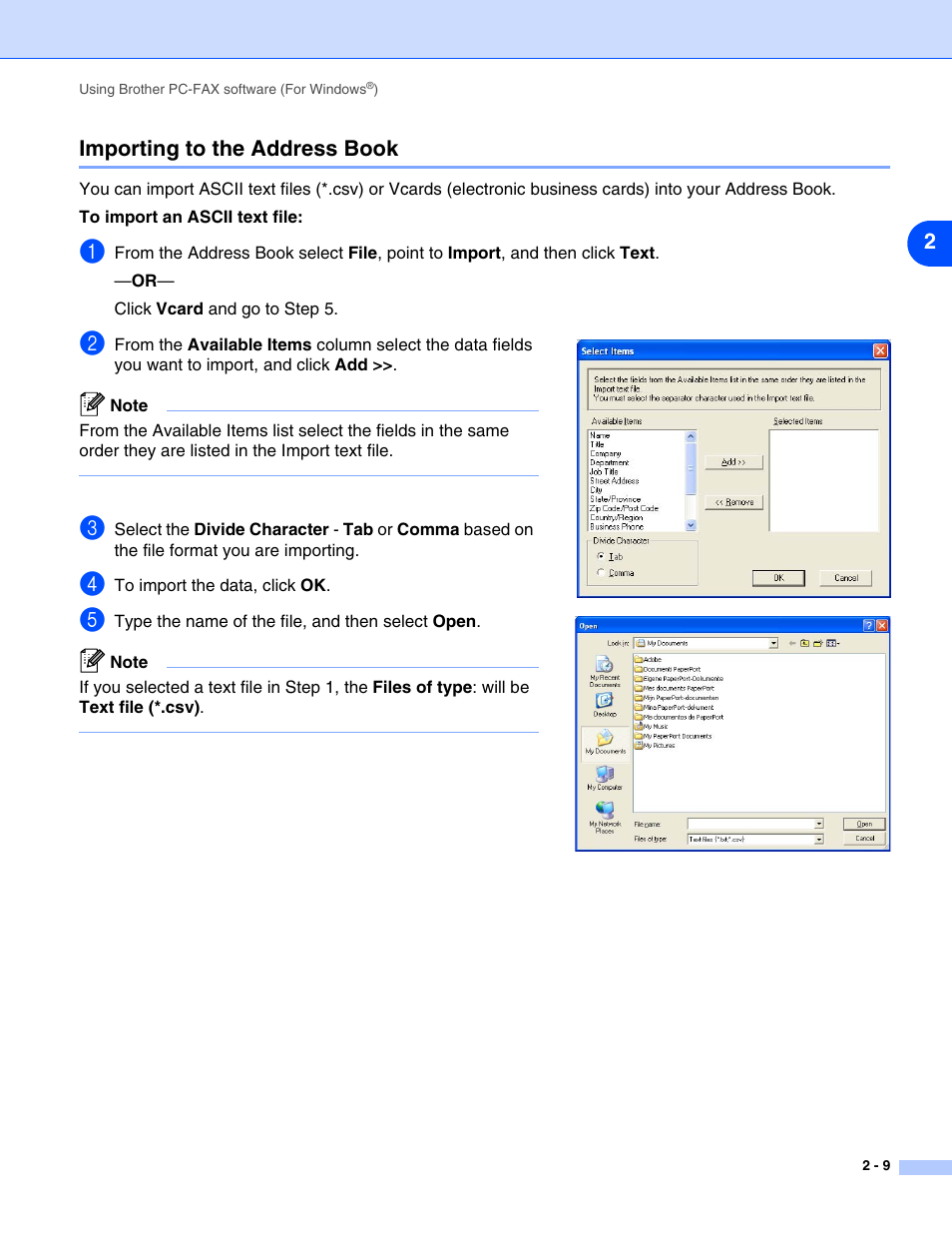Importing to the address book, Importing to the address book -9 | Brother IntelliFax-2820 User Manual | Page 27 / 38