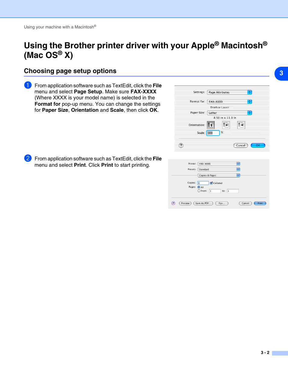 Using the brother printer driver with your apple, Macintosh, Mac os | 2 or | Brother IntelliFax-2820 User Manual | Page 31 / 38