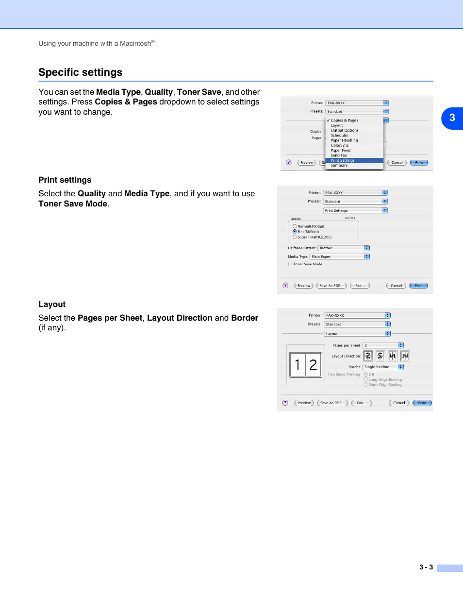 Specific settings, Specific settings -3, 3specific settings | Brother IntelliFax-2820 User Manual | Page 32 / 38