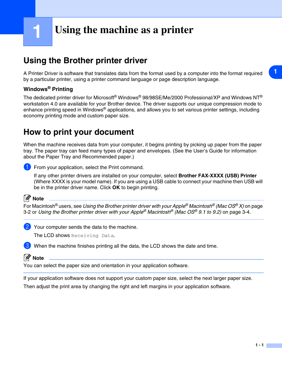 Using the machine as a printer, Using the brother printer driver, Windows® printing | How to print your document | Brother IntelliFax-2820 User Manual | Page 4 / 38