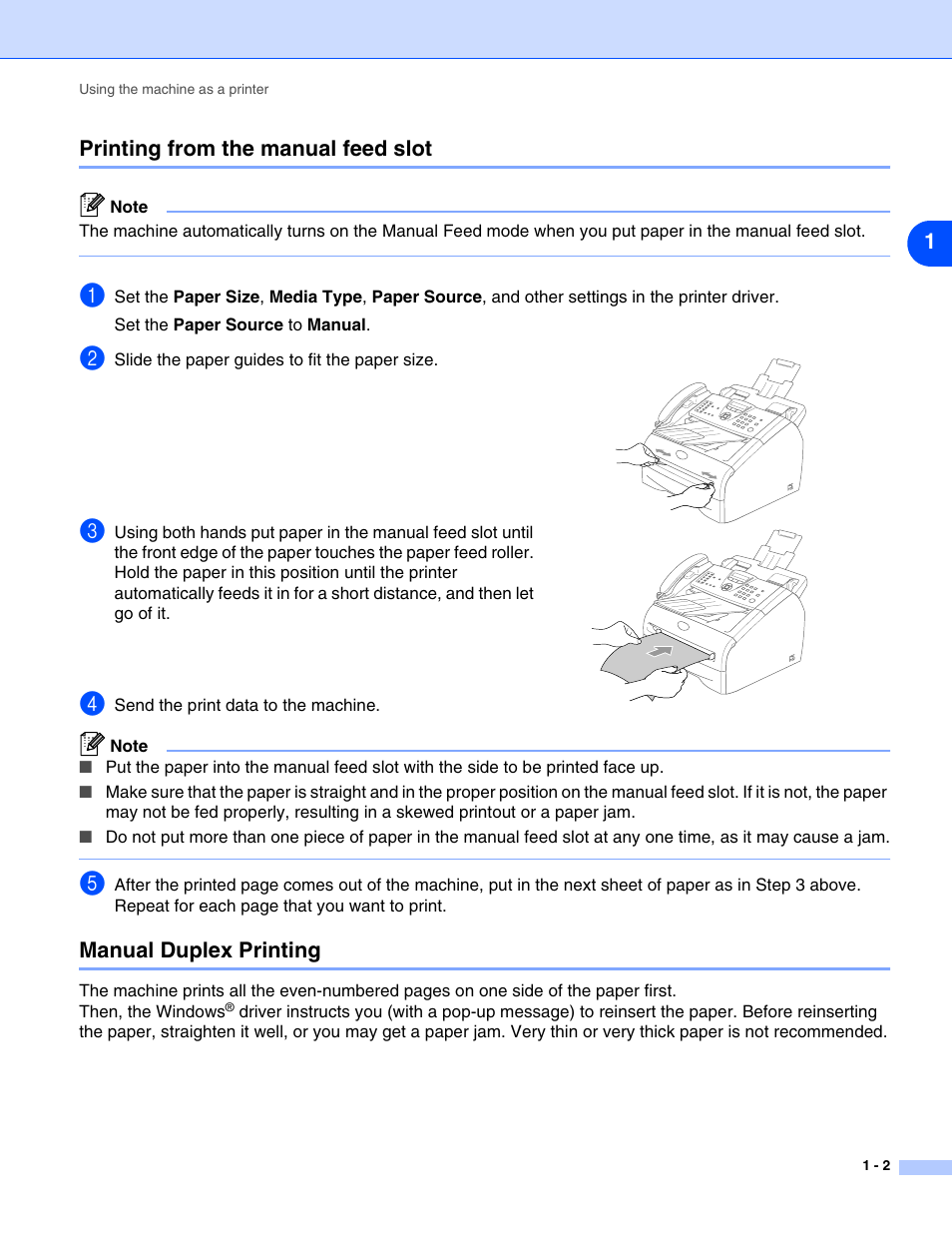 Printing from the manual feed slot, Manual duplex printing | Brother IntelliFax-2820 User Manual | Page 5 / 38