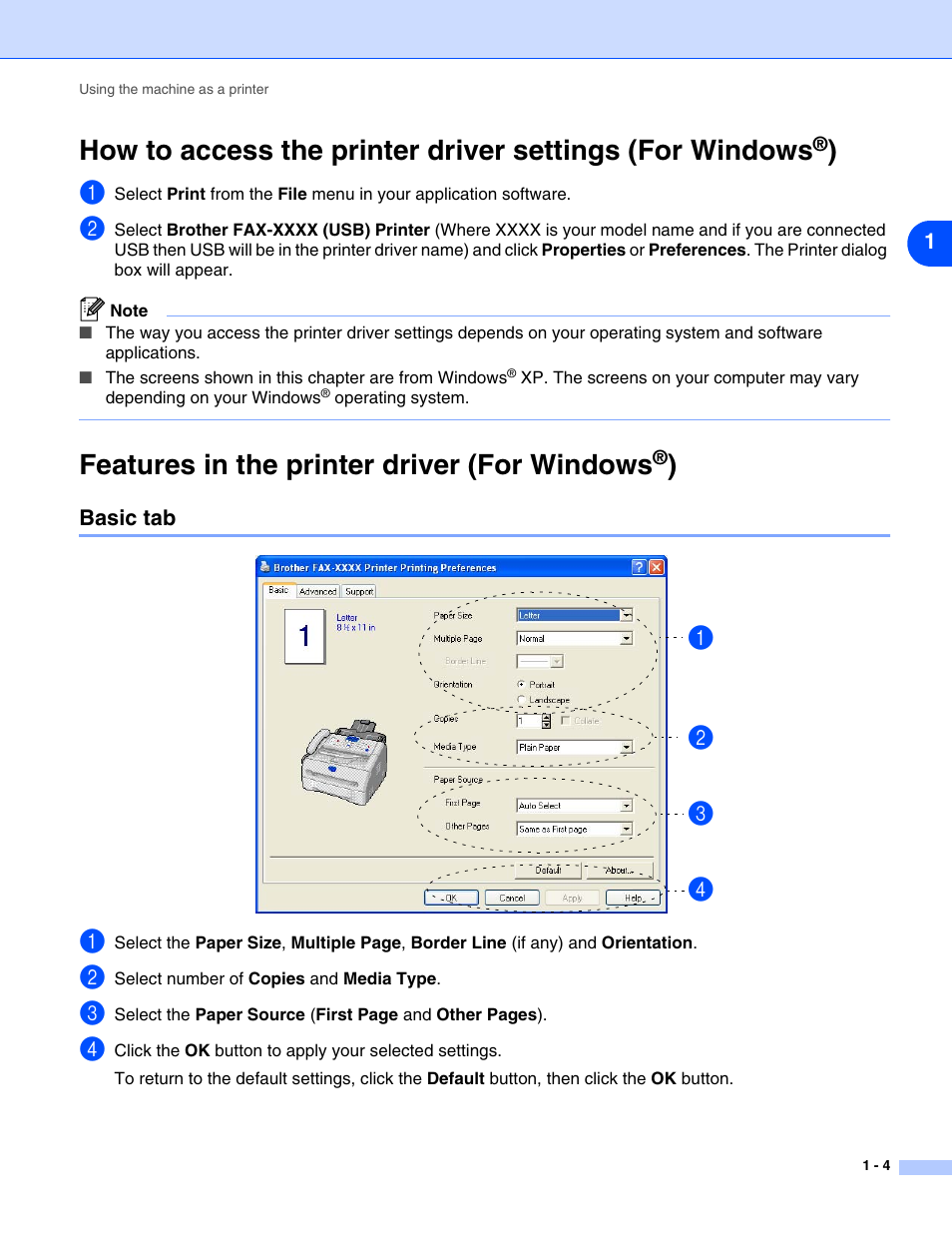 Features in the printer driver (for windows®), Basic tab, Features in the printer driver (for windows | Basic tab -4 | Brother IntelliFax-2820 User Manual | Page 7 / 38