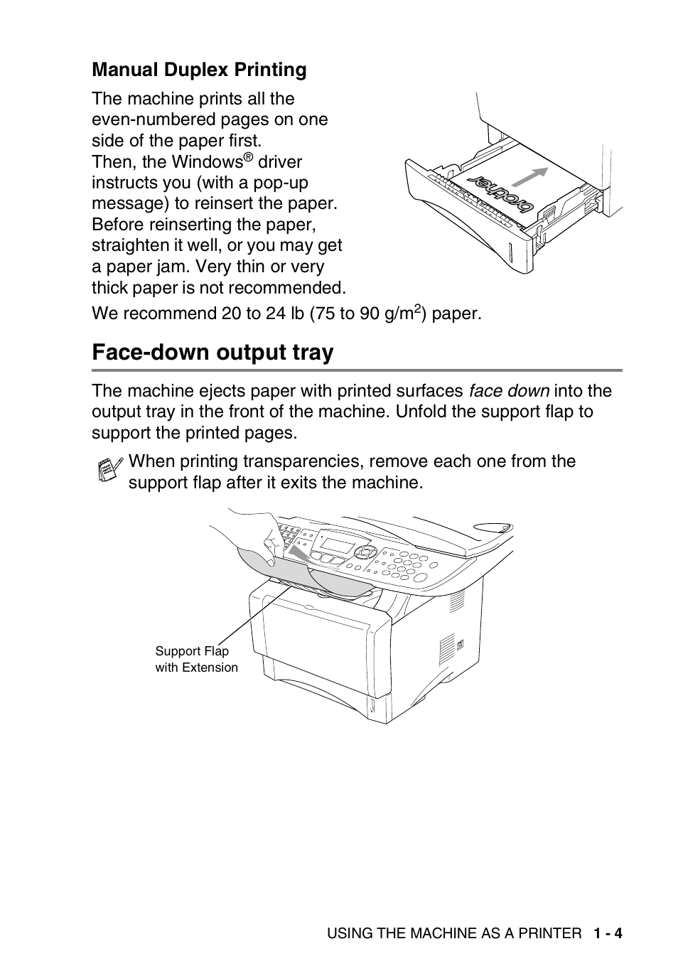 Manual duplex printing, Face-down output tray, Manual duplex printing -4 | Face-down output tray -4 | Brother MFC 8840DN User Manual | Page 11 / 178