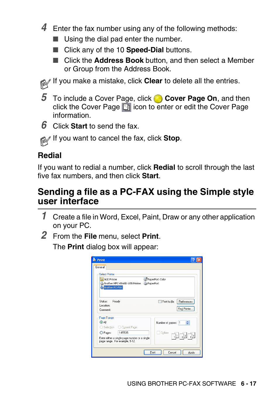 Redial, Redial -17, Sending a file as a pc-fax using the simple | Style user interface -17 | Brother MFC 8840DN User Manual | Page 111 / 178