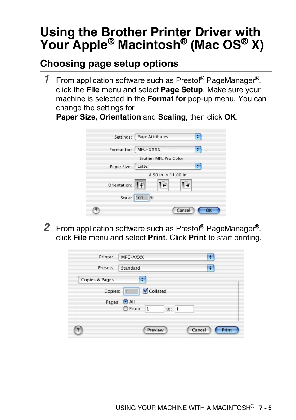 Using the brother printer driver with your apple, Macintosh, Mac os | X) -5, Choosing page setup options | Brother MFC 8840DN User Manual | Page 119 / 178