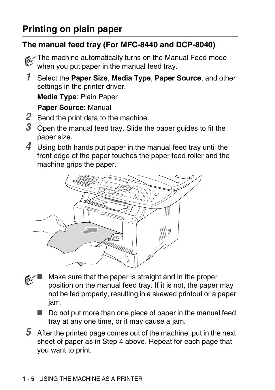 Printing on plain paper, The manual feed tray (for mfc-8440 and dcp-8040), Printing on plain paper -5 | The manual feed tray, For mfc-8440 and dcp-8040) -5 | Brother MFC 8840DN User Manual | Page 12 / 178