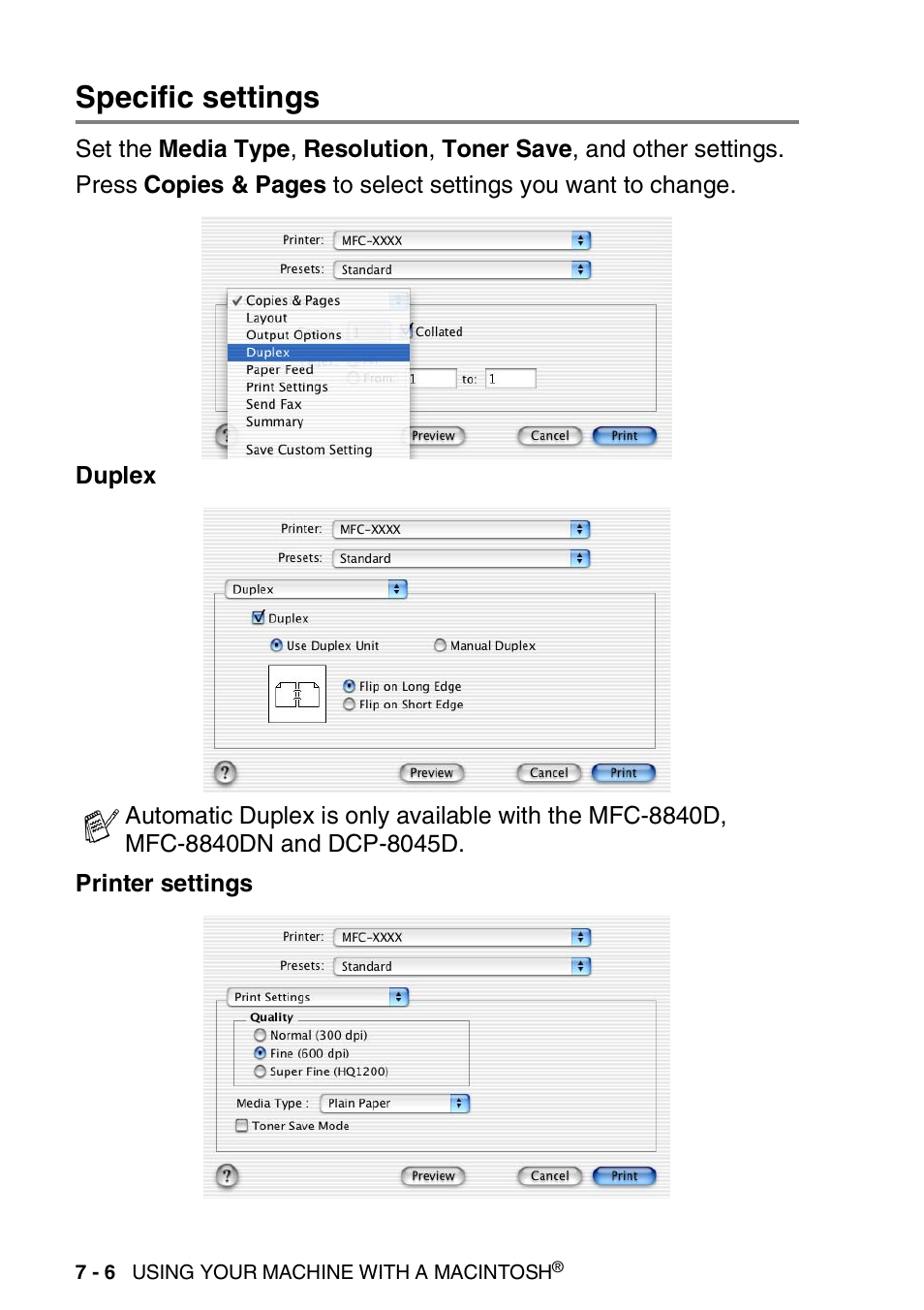 Specific settings, Specific settings -6 | Brother MFC 8840DN User Manual | Page 120 / 178