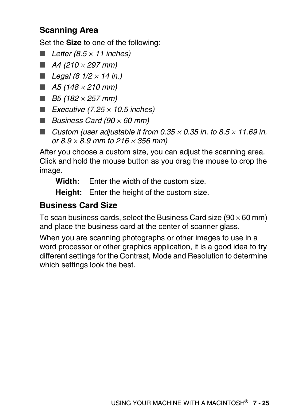 Scanning area, Business card size, Scanning area -25 business card size -25 | Brother MFC 8840DN User Manual | Page 139 / 178