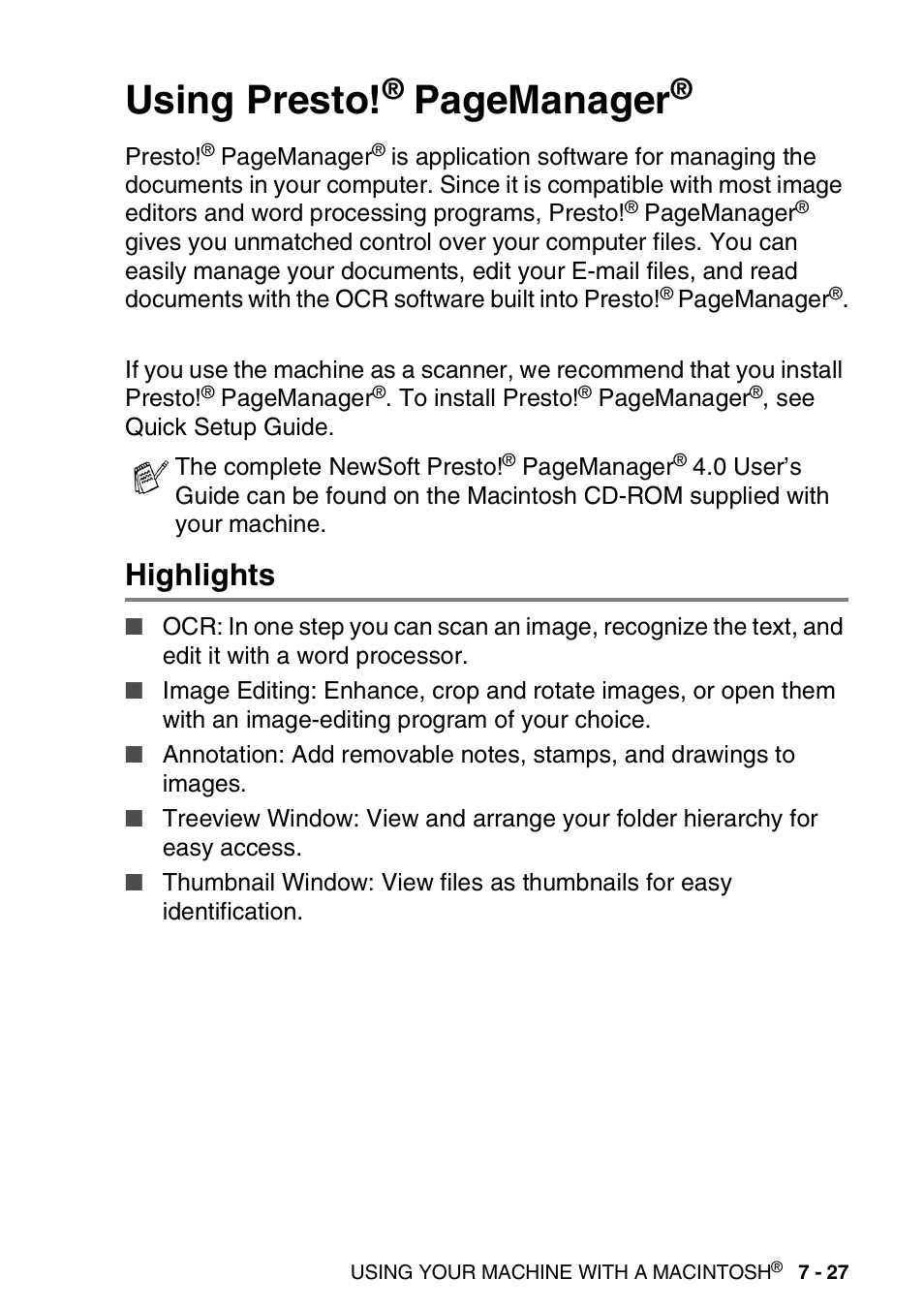 Highlights, Using presto, Highlights -27 | Pagemanager | Brother MFC 8840DN User Manual | Page 141 / 178