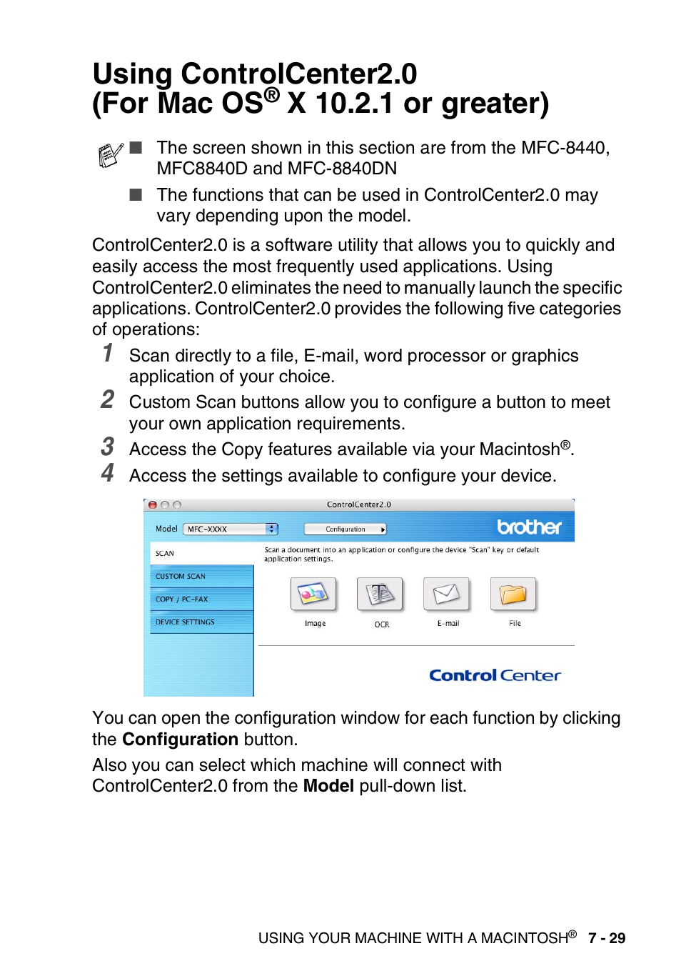 Using controlcenter2.0, For mac os, X 10.2.1 or greater) -29 | See using controlcenter2.0 (for mac os, See using controlcenter2.0, Using controlcenter2.0 (for mac os, X 10.2.1 or greater) | Brother MFC 8840DN User Manual | Page 143 / 178