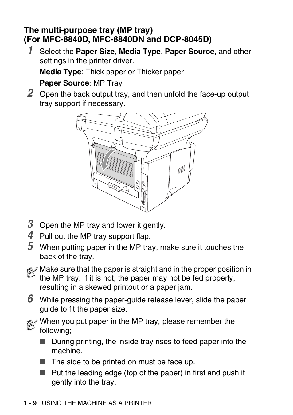 The multi-purpose tray (mp tray), For mfc-8840d, mfc-8840dn and dcp-8045d) -9 | Brother MFC 8840DN User Manual | Page 16 / 178