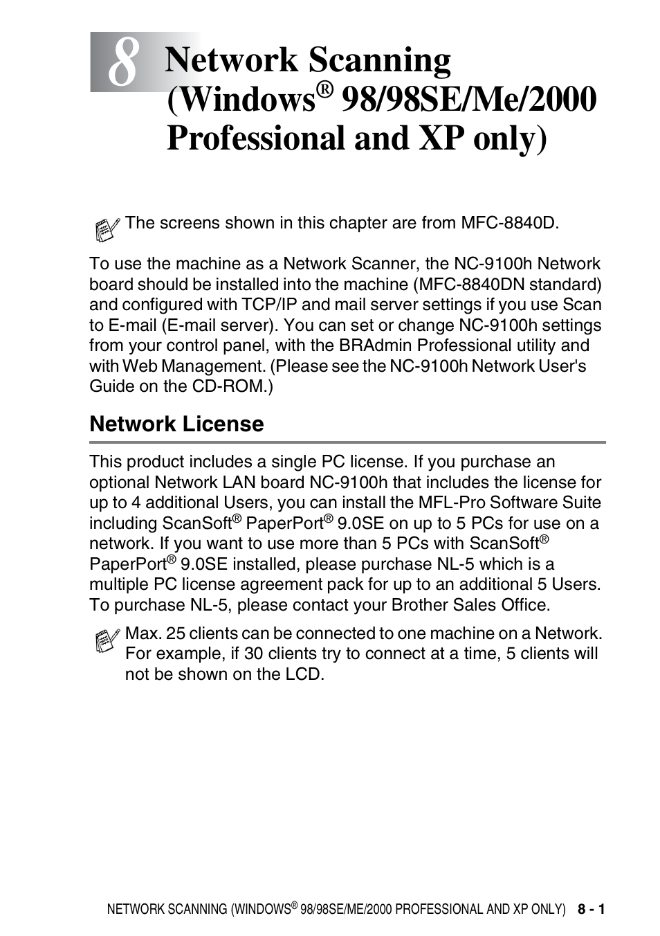 Network license, Network scanning (windows, 98/98se/me | 2000 professional and xp only) -1, Network license -1 | Brother MFC 8840DN User Manual | Page 163 / 178