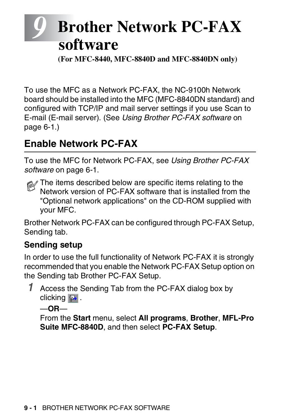 Enable network pc-fax, Sending setup, Enable network pc-fax -1 | Sending setup -1, Brother network pc-fax software | Brother MFC 8840DN User Manual | Page 172 / 178