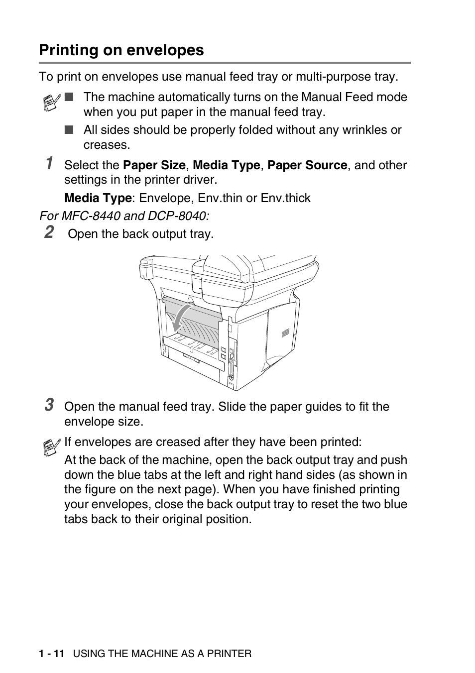 Printing on envelopes, Printing on envelopes -11 | Brother MFC 8840DN User Manual | Page 18 / 178