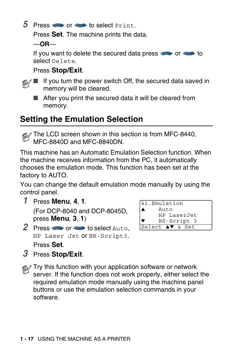 Setting the emulation selection, Setting the emulation selection -17 | Brother MFC 8840DN User Manual | Page 24 / 178