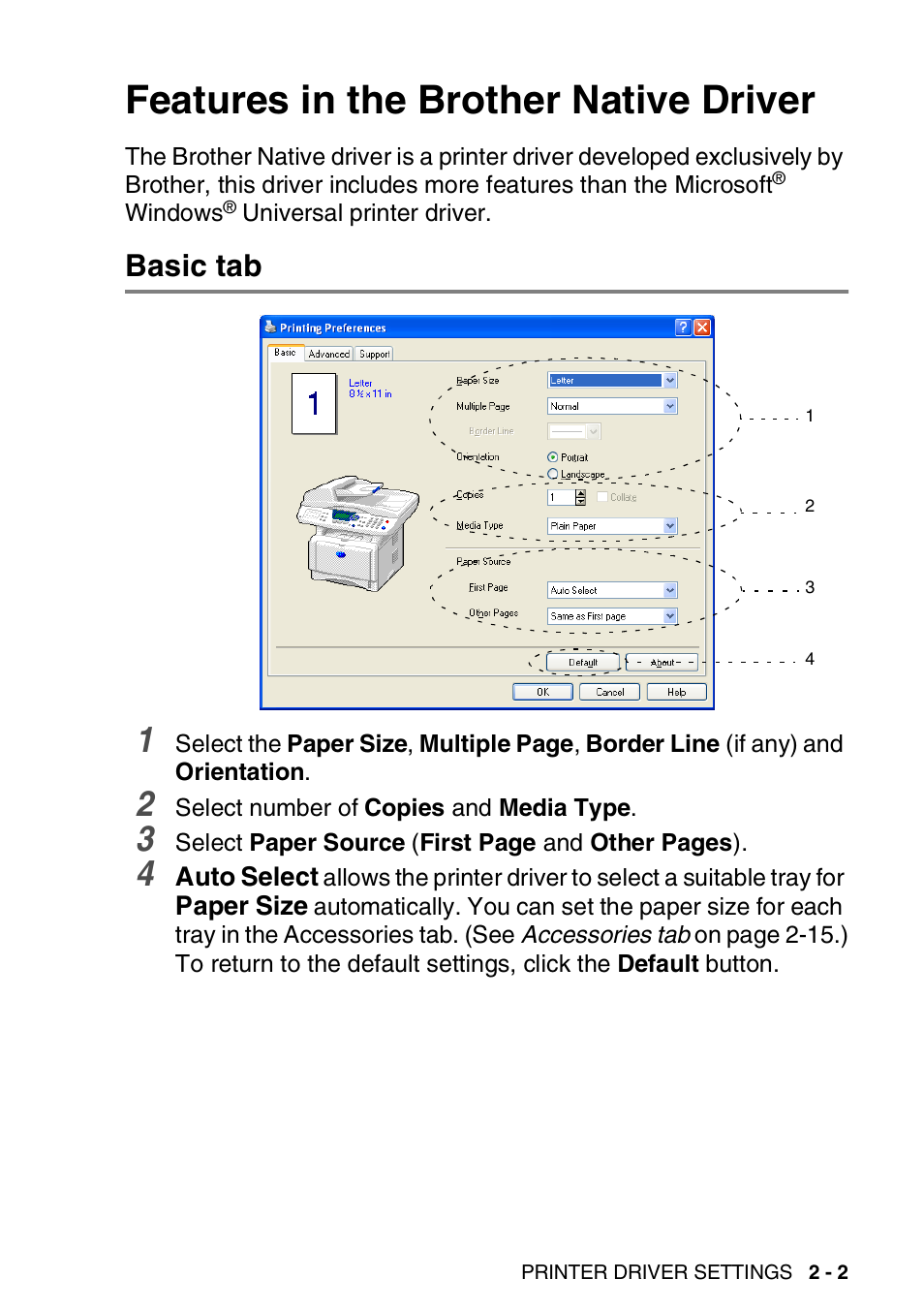 Features in the brother native driver, Basic tab, Features in the brother native driver -2 | Basic tab -2 | Brother MFC 8840DN User Manual | Page 27 / 178