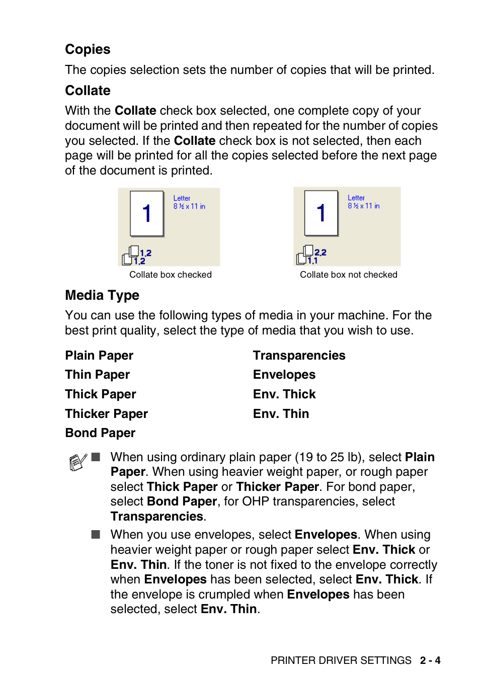 Copies, Collate, Media type | Copies -4 collate -4 media type -4 | Brother MFC 8840DN User Manual | Page 29 / 178