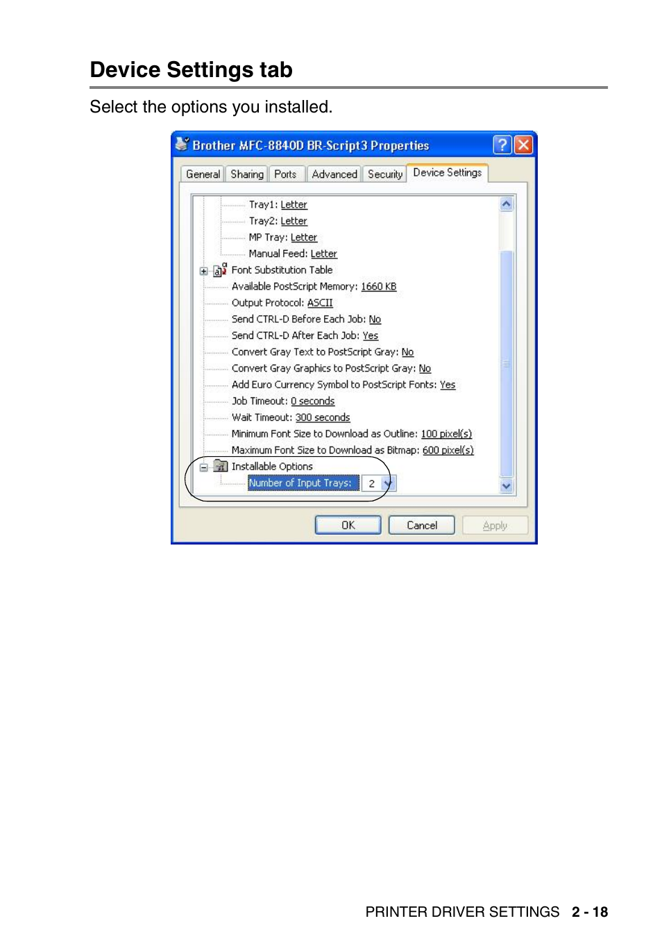 Device settings tab, Device settings tab -18 | Brother MFC 8840DN User Manual | Page 43 / 178