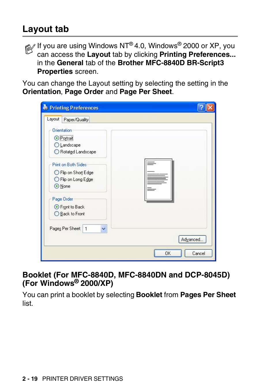 Layout tab, Layout tab -19, Booklet (for mfc-8840d, mfc-8840dn and | Dcp-8045d) (for windows, 2000/xp) -19 | Brother MFC 8840DN User Manual | Page 44 / 178
