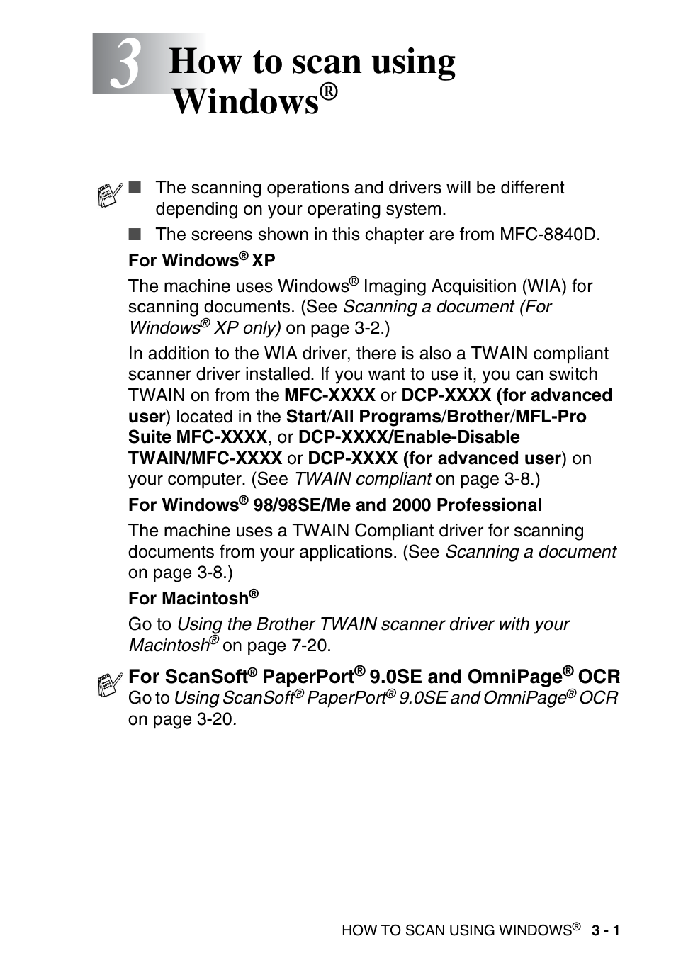 3 how to scan using windows, How to scan using windows | Brother MFC 8840DN User Manual | Page 47 / 178