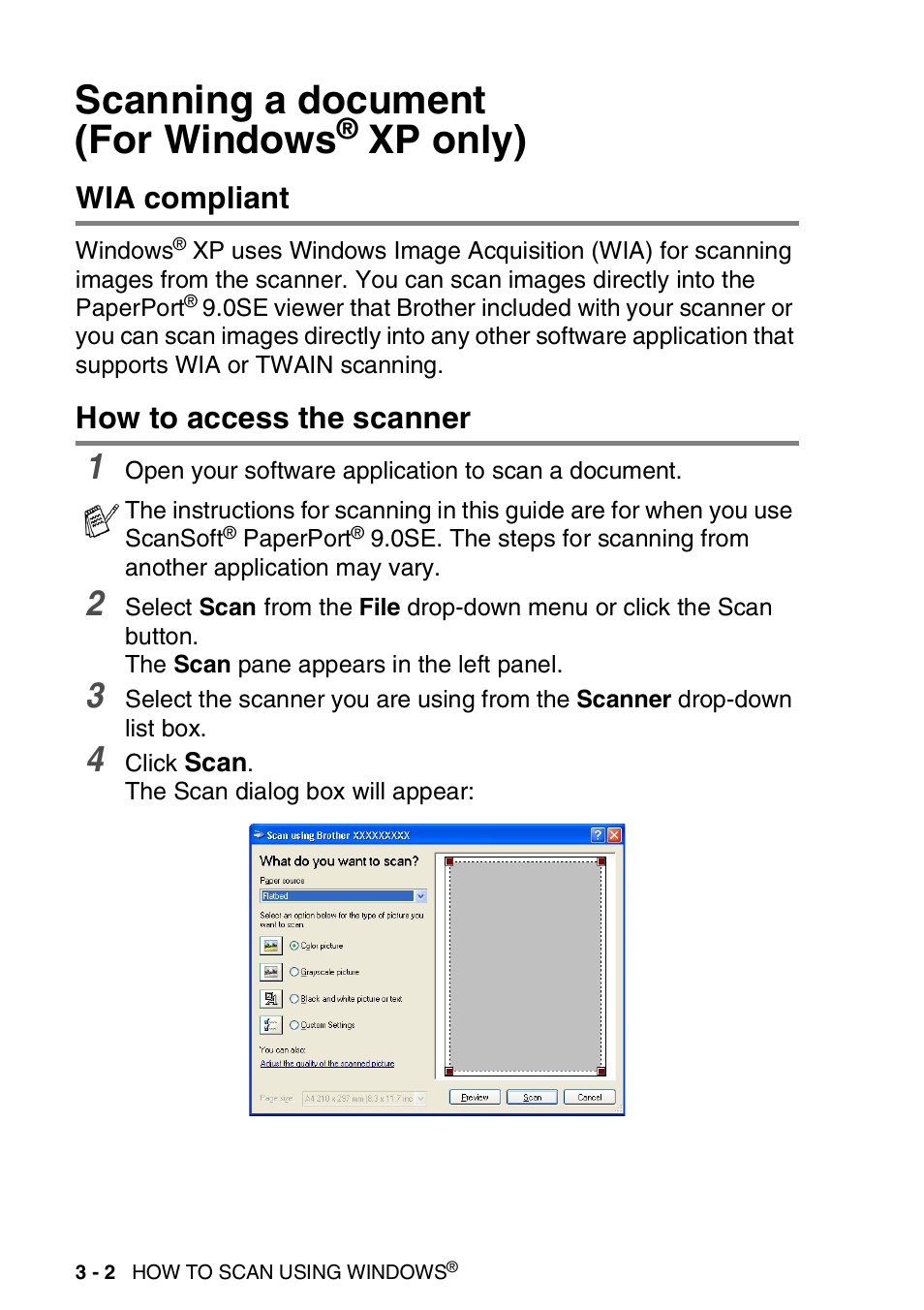 Scanning a document (for windows® xp only), Wia compliant, How to access the scanner | Scanning a document (for windows, Xp only) -2, Wia compliant -2 how to access the scanner -2, See scanning a document (for windows, Xp only) | Brother MFC 8840DN User Manual | Page 48 / 178