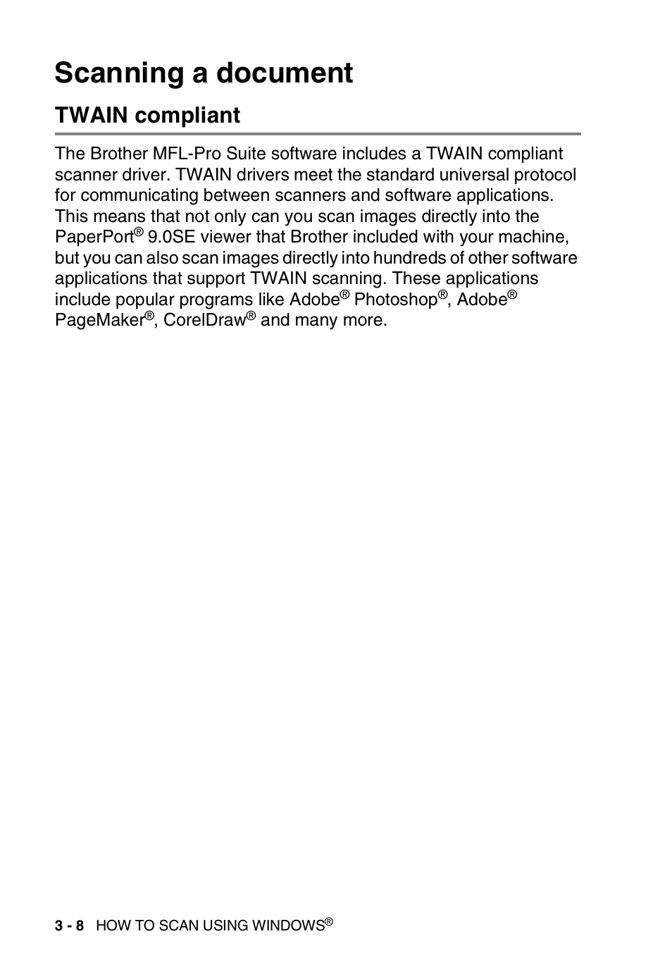 Scanning a document, Twain compliant, Scanning a document -8 | Twain compliant -8 | Brother MFC 8840DN User Manual | Page 54 / 178