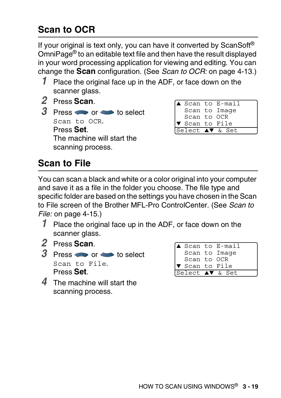 Scan to ocr, Scan to file, Scan to ocr -19 scan to file -19 | Brother MFC 8840DN User Manual | Page 65 / 178