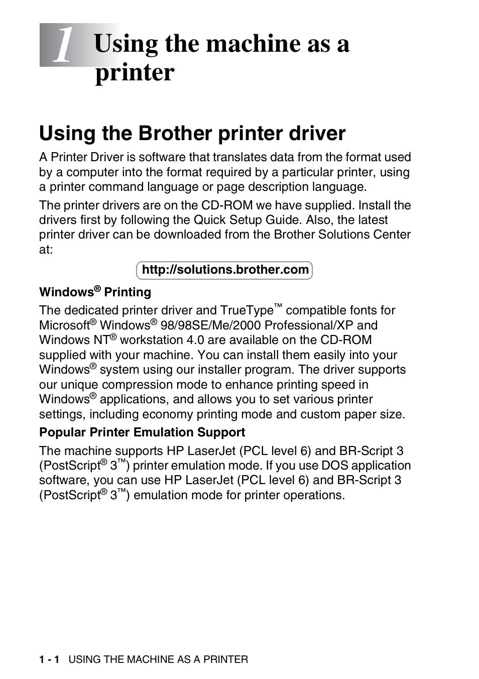1 using the machine as a printer, Using the brother printer driver, Using the machine as a printer -1 | Using the brother printer driver -1, Using the machine as a printer | Brother MFC 8840DN User Manual | Page 8 / 178