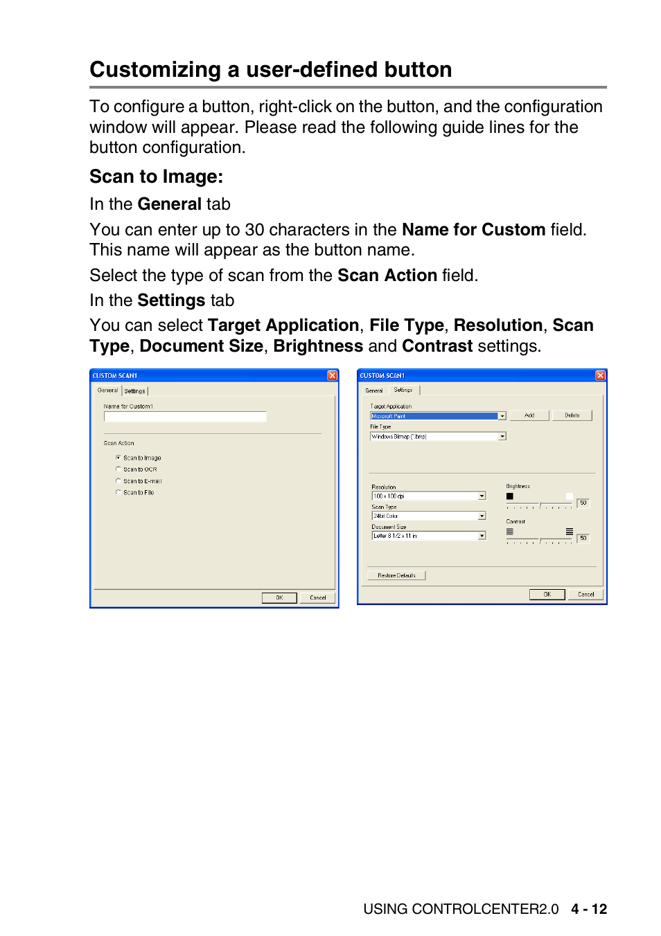 Customizing a user-defined button, Scan to image, Customizing a user-defined button -12 | Scan to image: -12 | Brother MFC 8840DN User Manual | Page 83 / 178
