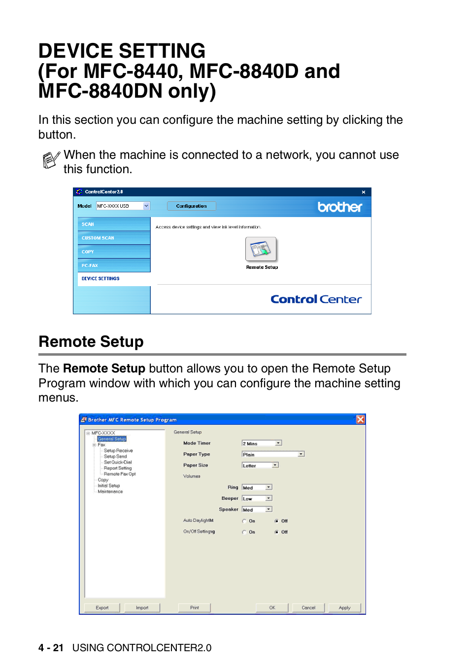 Remote setup, Device setting (for mfc-8440, mfc-8840d and, Mfc-8840dn only) -21 | Remote setup -21 | Brother MFC 8840DN User Manual | Page 92 / 178