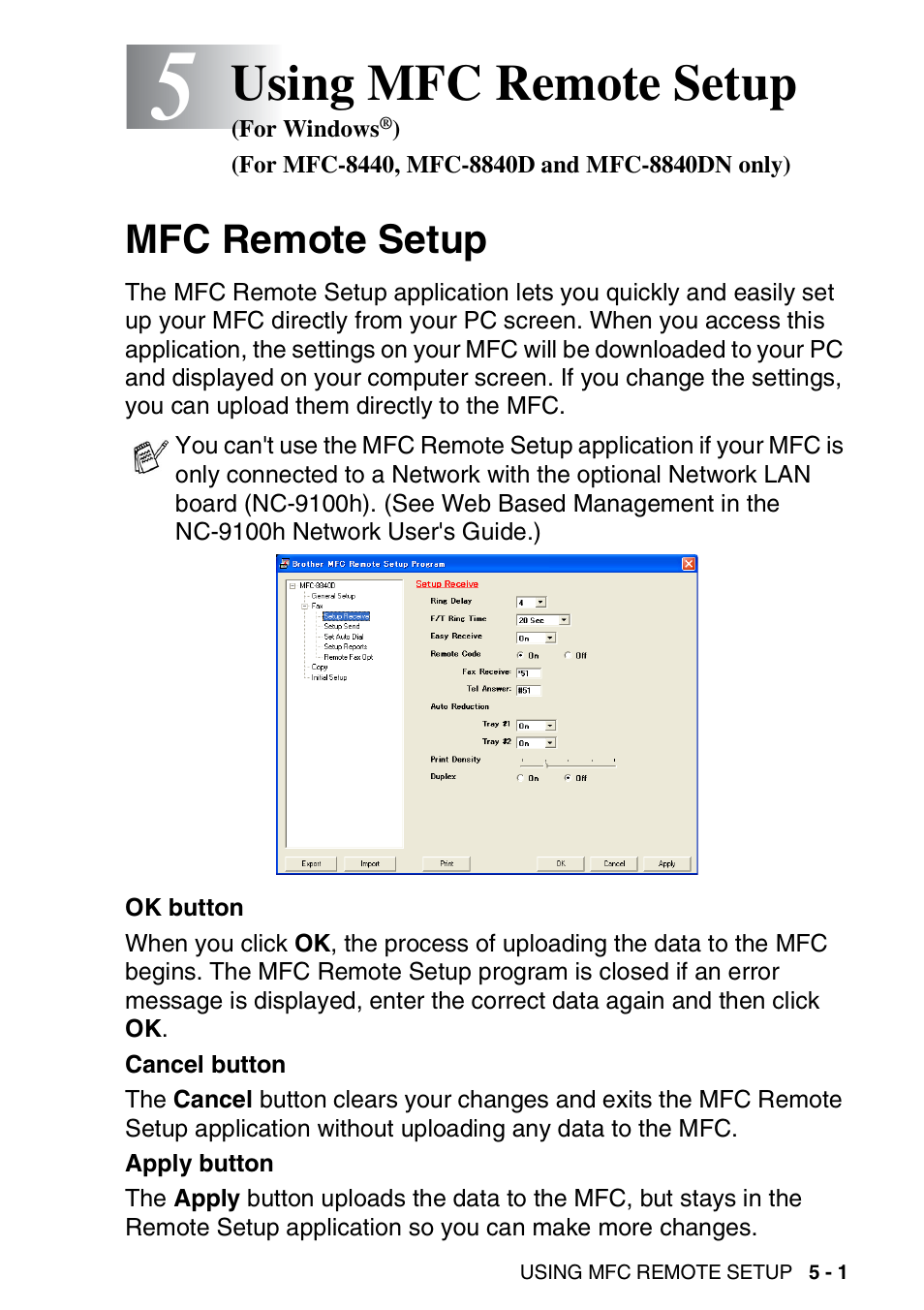Mfc remote setup, Using mfc remote setup (for windows, For mfc-8440, mfc-8840d and mfc-8840dn only) -1 | Mfc remote setup -1, Using mfc remote setup | Brother MFC 8840DN User Manual | Page 93 / 178