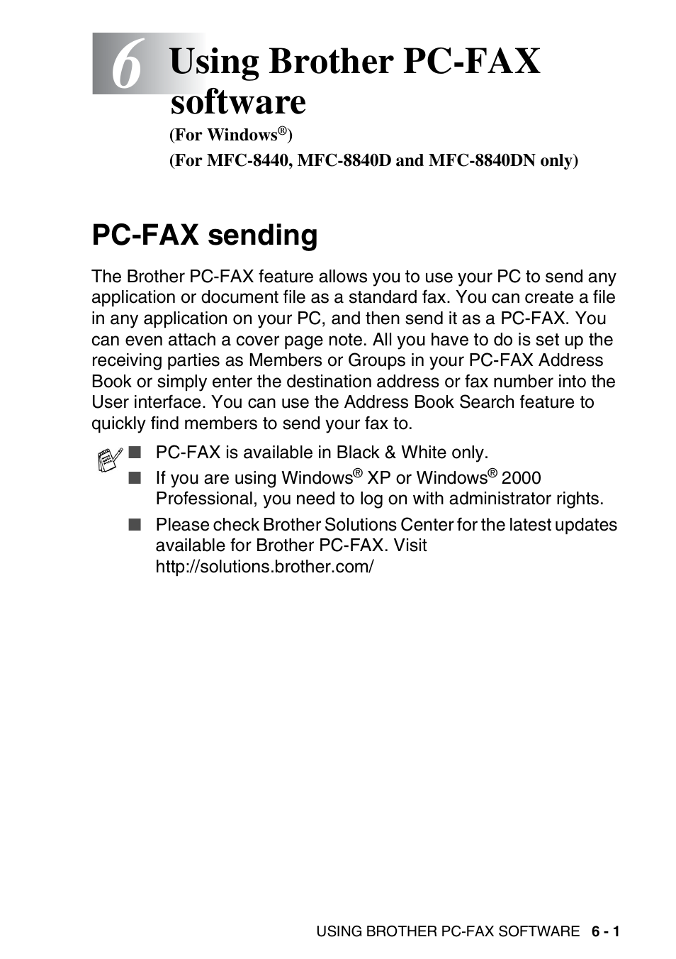 Pc-fax sending, Using brother pc-fax software (for windows, For mfc-8440, mfc-8840d and mfc-8840dn only) | Pc-fax sending -1, Using brother pc-fax software | Brother MFC 8840DN User Manual | Page 95 / 178