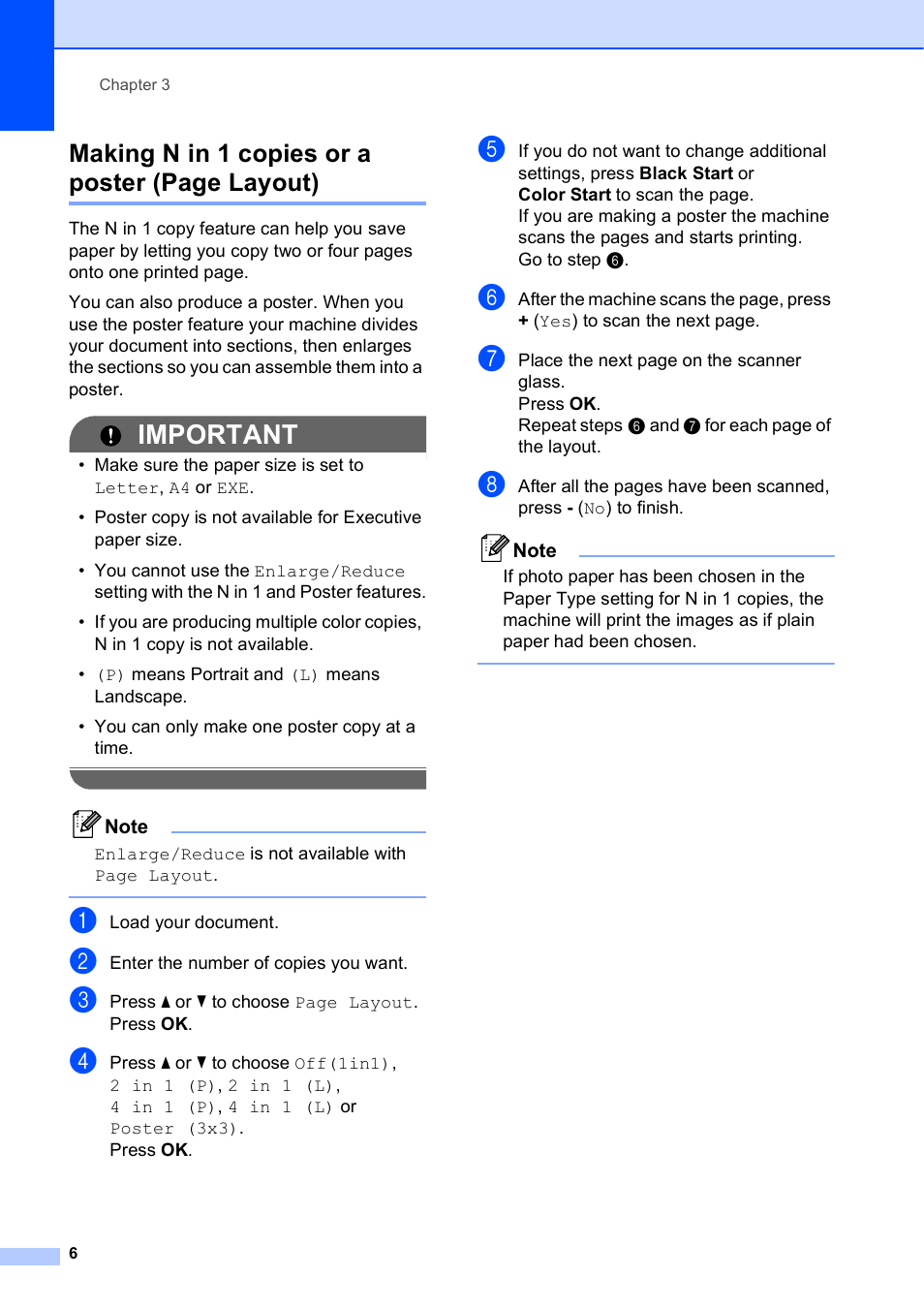 Important, Making n in 1 copies or a poster (page layout) | Brother DCP-J125 User Manual | Page 10 / 30