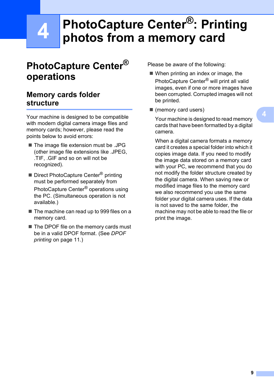 Photocapture center® operations, Memory cards folder structure, Photocapture center | Printing photos from a memory card, Operations | Brother DCP-J125 User Manual | Page 13 / 30