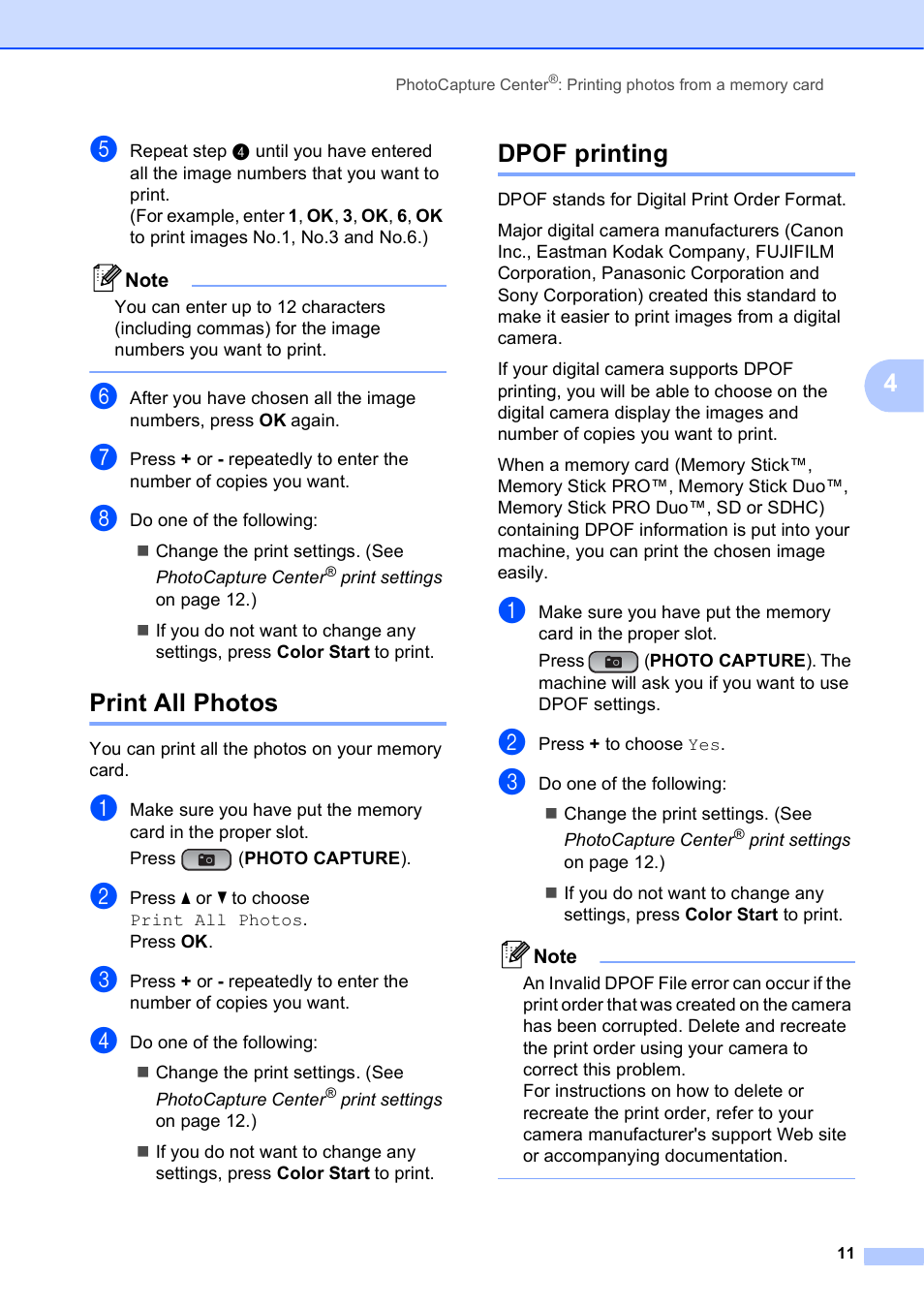 Print all photos, Dpof printing, Print all photos dpof printing | Brother DCP-J125 User Manual | Page 15 / 30