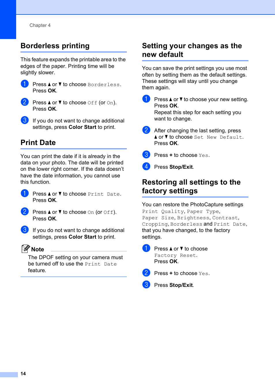 Borderless printing, Print date, Setting your changes as the new default | Restoring all settings to the factory settings | Brother DCP-J125 User Manual | Page 18 / 30
