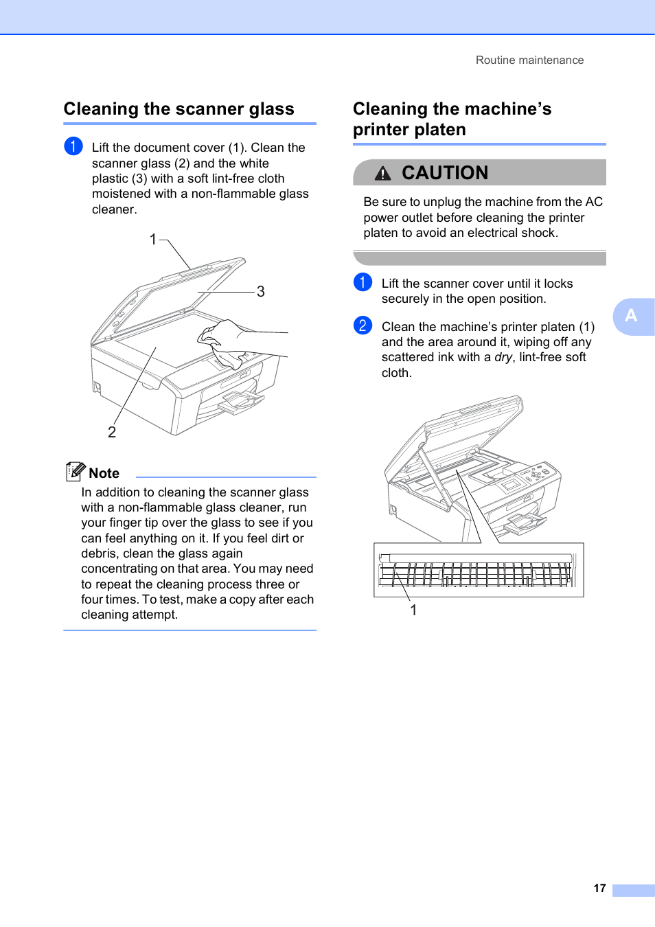 Cleaning the scanner glass, Cleaning the machine’s printer platen, Caution | Acleaning the scanner glass | Brother DCP-J125 User Manual | Page 21 / 30