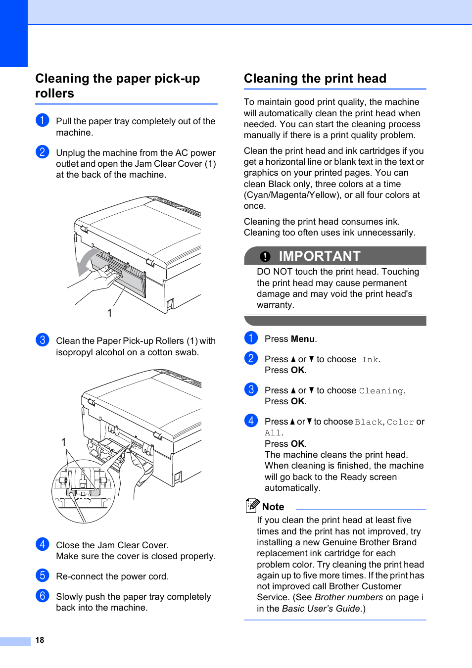 Cleaning the paper pick-up rollers, Cleaning the print head, Important | Brother DCP-J125 User Manual | Page 22 / 30