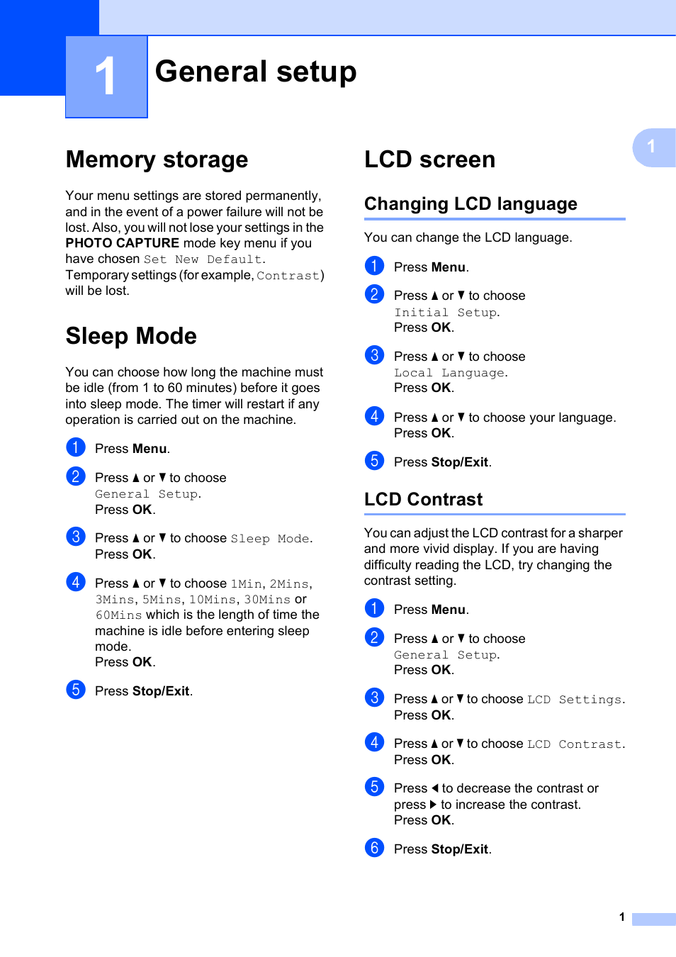 1 general setup, Memory storage, Sleep mode | Lcd screen, Changing lcd language, Lcd contrast, General setup, Memory storage sleep mode lcd screen, Changing lcd language lcd contrast | Brother DCP-J125 User Manual | Page 5 / 30