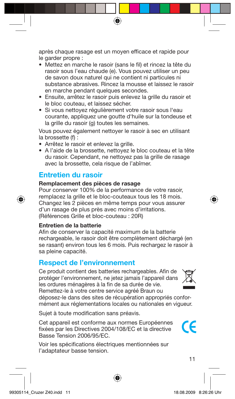 Entretien du rasoir, Respect de l’environnement | Braun Z40 CruZer2 User Manual | Page 10 / 57