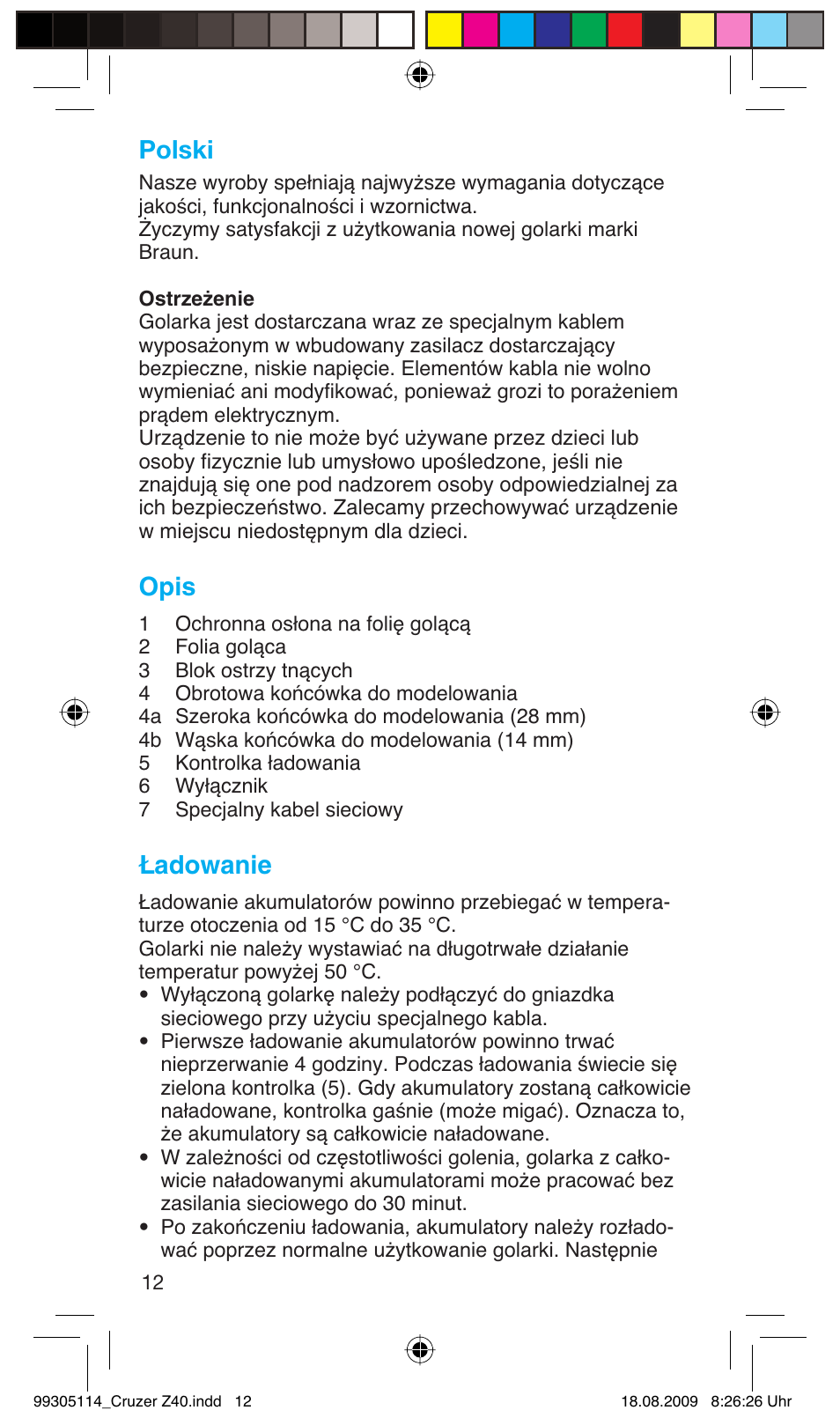 Polski, Opis, Ładowanie | Braun Z40 CruZer2 User Manual | Page 11 / 57
