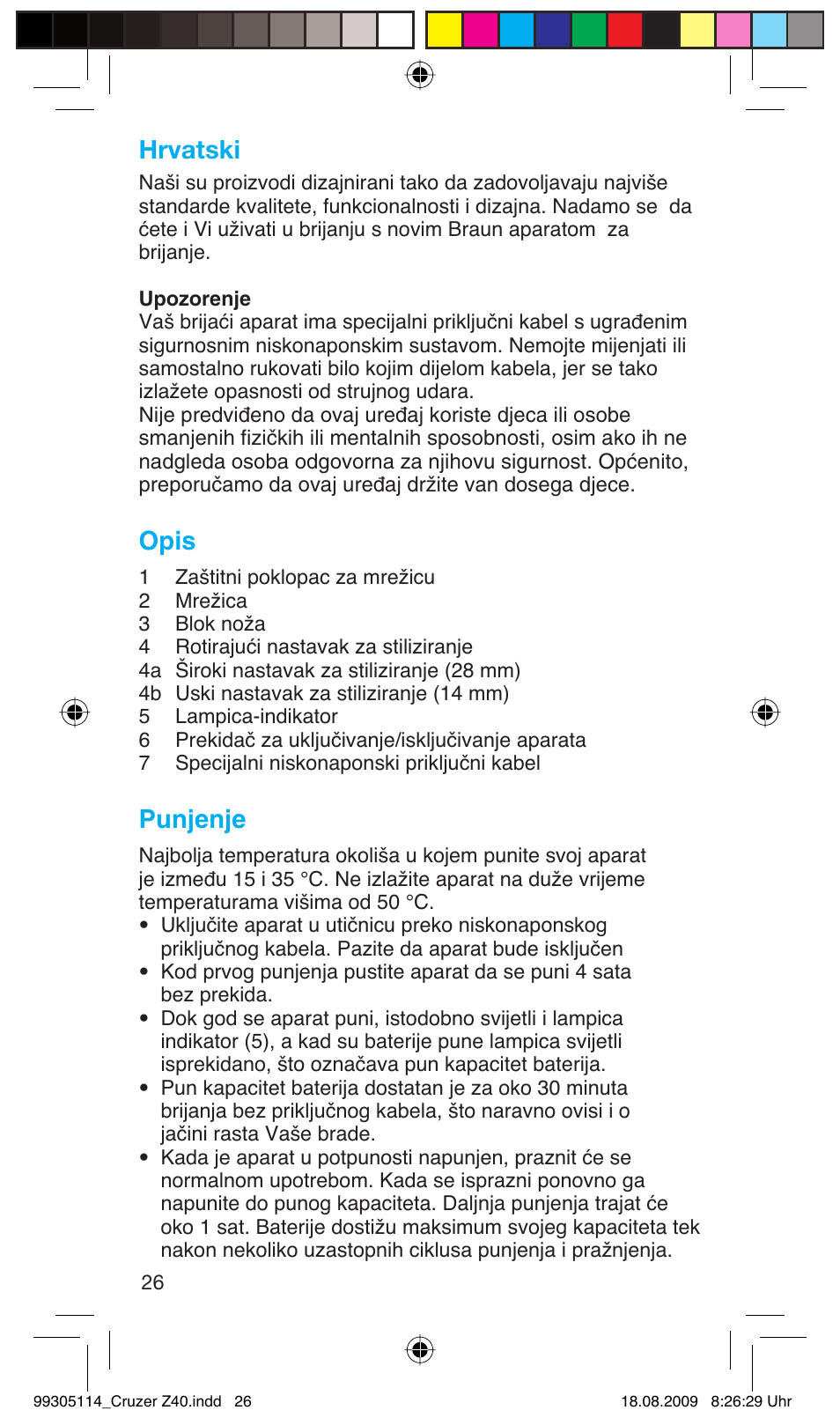 Hrvatski, Opis, Punjenje | Braun Z40 CruZer2 User Manual | Page 25 / 57