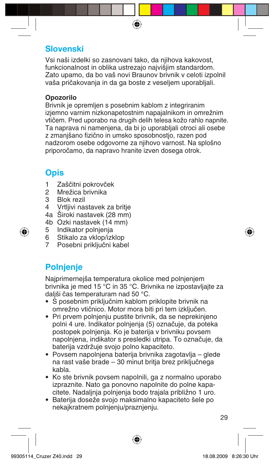 Slovenski, Opis, Polnjenje | Braun Z40 CruZer2 User Manual | Page 28 / 57